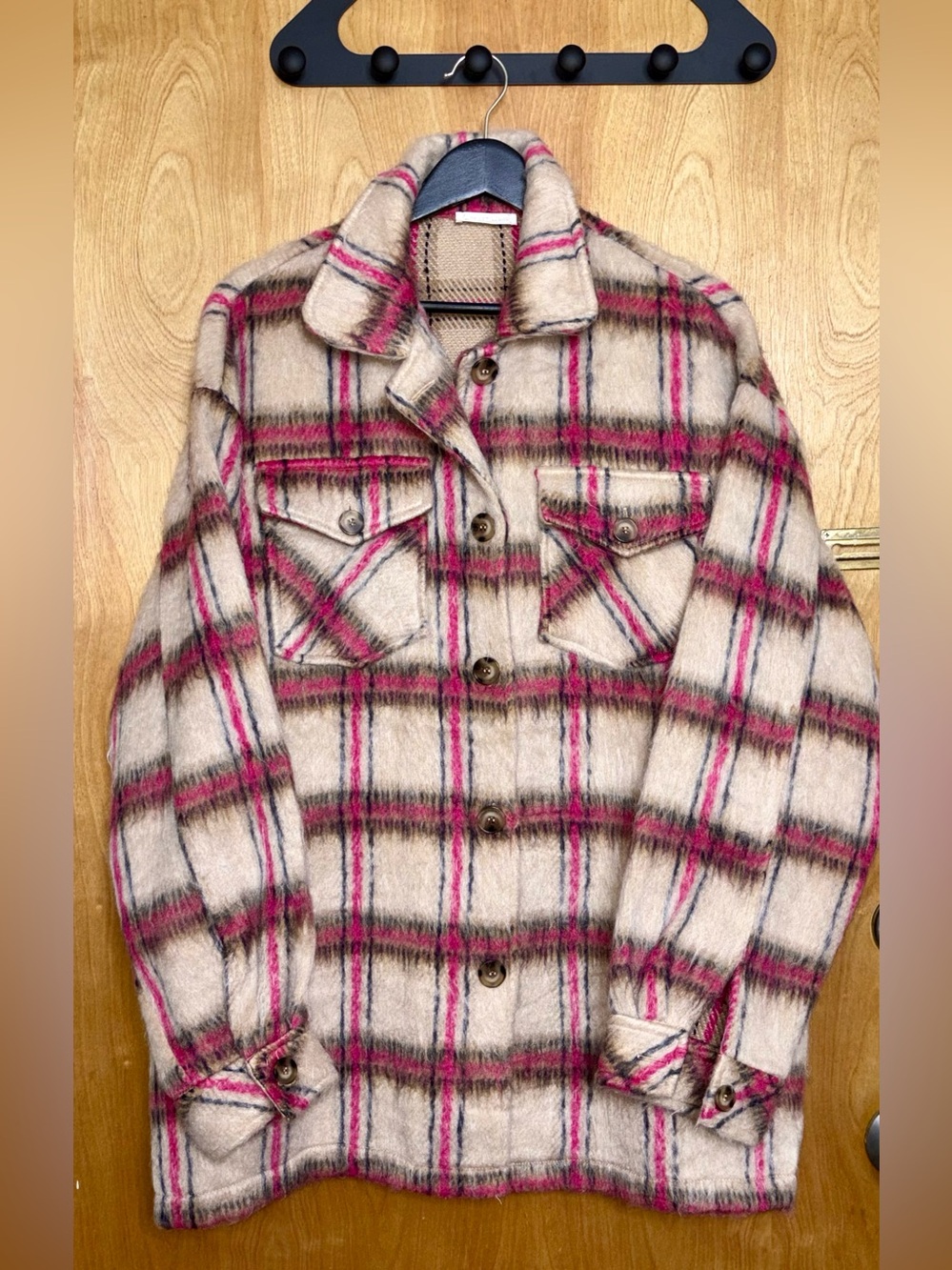 Teddy Plaid Shacket in Beige and Pink - Unbranded